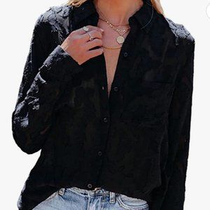 Black Floral Lace Long Sheer Sleeve Blouse
